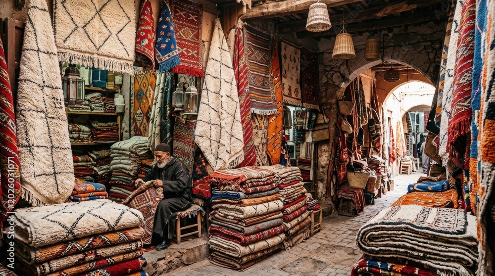 Obraz premium Vibrant moroccan carpet shop in a bustling market