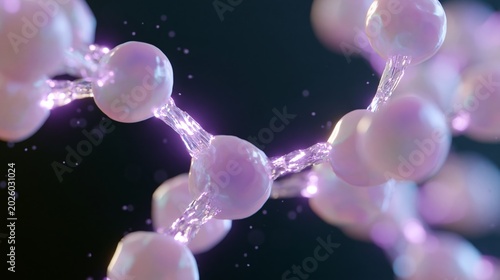 Glowing molecular bond structure with interconnected spheres and luminous strands, showcasing intricate details against a dark background