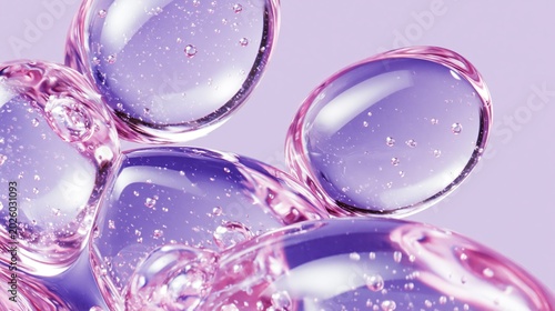 Close up of transparent serum droplets with purple tint and bubbles on a soft purple background, showcasing the texture and clarity of the liquid