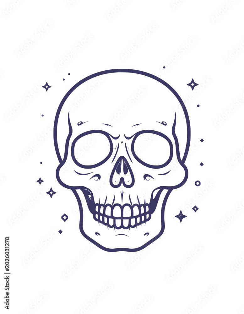 Fototapeta premium Minimalist Human Skull Line Art Icon with Sparkling Stars