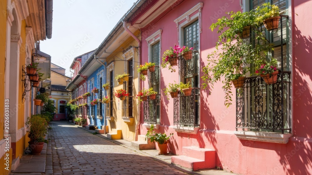Fototapeta premium Narrow Street With Colorful Colonial Houses And Flower Pots