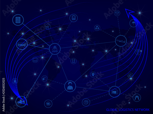Global logistics network in dark blue. Map global logistics partnership connection.  Globe  with logistics icons in neon style.  EPS10.