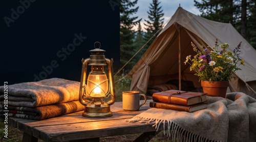 Cozy Forest Camping Setup With Retro Lantern And Wooden Table