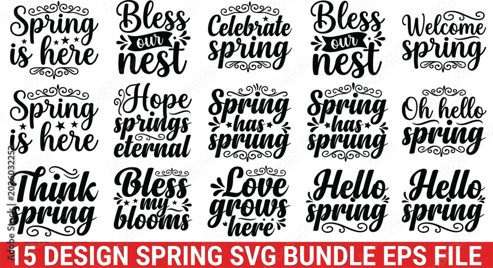 Fototapeta premium Spring Quotes SVG Bundle Featuring Hand Written Typography Lettering with Decorative Swirls and Floral Ornaments for Crafting T Shirt Sublimation Designs