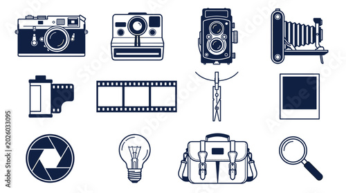 Vintage Photography and Camera Equipment Icon Set Featuring Film Cameras, Instant Photos, Lenses, Film Rolls, and Retro Photography Symbols