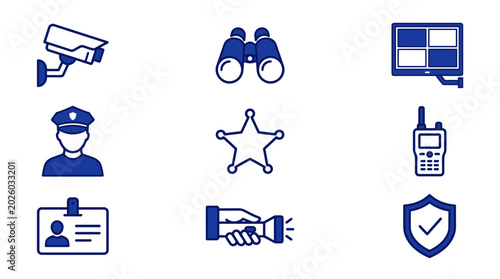 Security and Law Enforcement Icon Set Featuring Surveillance Camera, Police Officer, Shield Protection, Communication Devices, Identification, and Monitoring Symbols