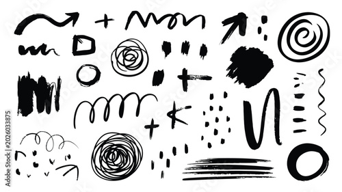 Fotografie Abstract black ink doodles and scribbles on a plain white background