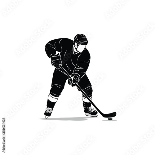 Photography A black silhouette of an ice hockey player in a crouched position holding a hock