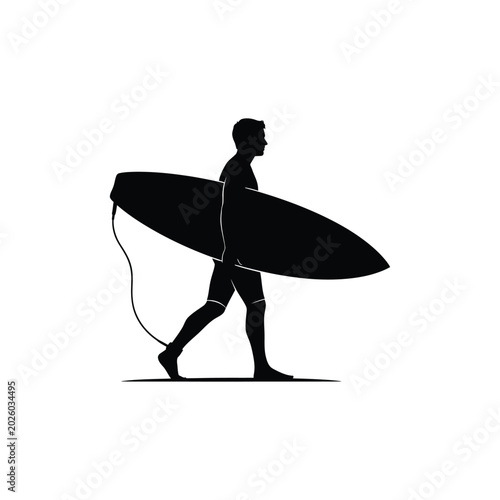 Photography A black silhouette of a surfer walking and carrying a surfboard under their arm,