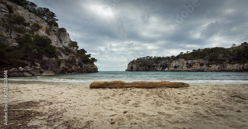 Foto Menorca beach with driftwood and cloudy sky.