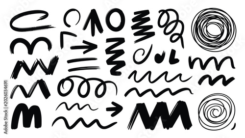 Konstfotografi Abstract black scribble shapes and lines on a white background illustration