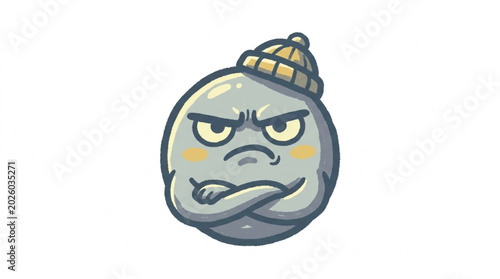 Bild auf Leinwand Grumpy cartoon rock character wearing a beanie hat.