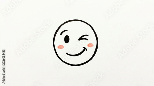 Hand drawn smiley face winking with blushing cheeks.