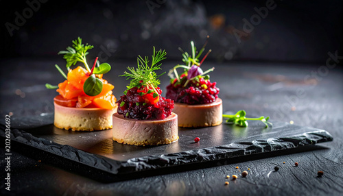 Amuse-bouche selection of three French appetizers with foie gras mousse, beet tartare and smoked salmon