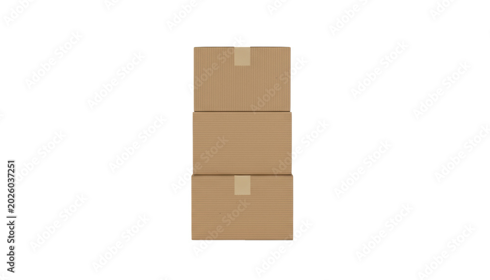 Obraz premium Stacked Cardboard Boxes: Three plain, stacked cardboard boxes with taped seams stand neatly aligned, symbolizing shipping, storage, and delivery in a clean, minimalist presentation.