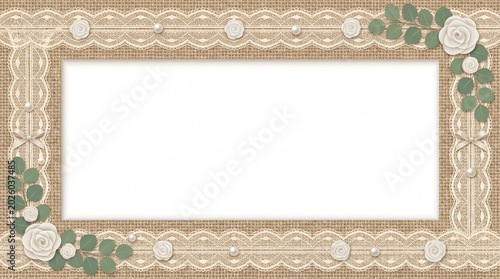 Burlap and lace border with roses and greenery on textured background  