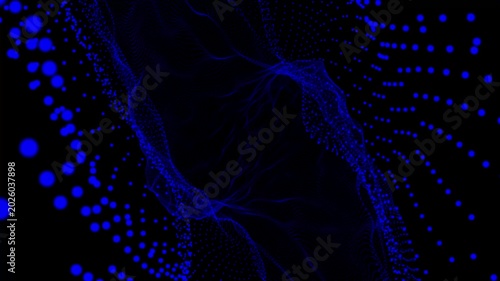 Abstract blue digital particles background with flowing lines