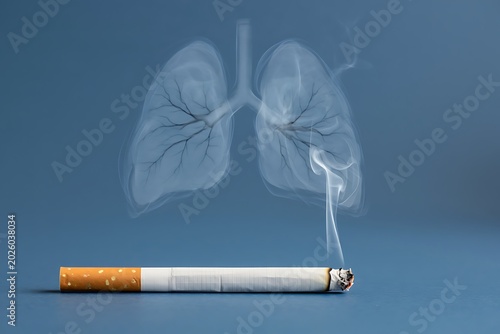 A smoking cigarette creating a smoky silhouette of human lungs symbolizing the harmful effects of tobacco on respiratory health and addiction