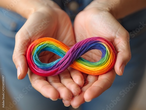 Closeup of colorful yarn forming an infinity symbol held gently in cupped hands symbolizing support and connection
