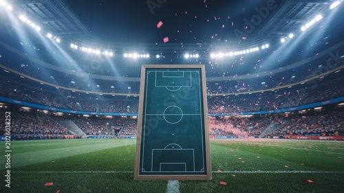 Tactical football blackboard on a green grass field with falling confetti in stadium background