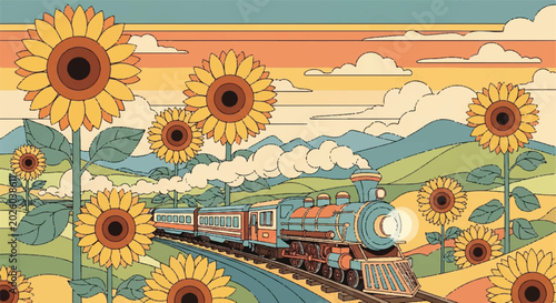 Photos Cartoon train passing through sunflower field artistic landscape illustration