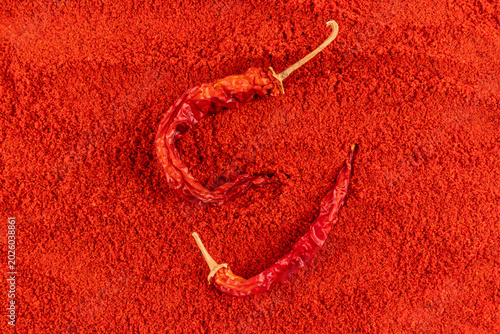 Red chili powder background with whole dried pepper pods