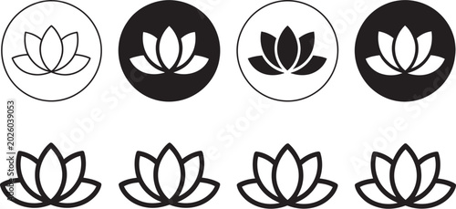 lotus vector icon set collection. lotus outline flat icon, elegant floral symbol pack for yoga studios, meditation centers, spa salon branding, wellness applications, spiritual harmony graphics, minim