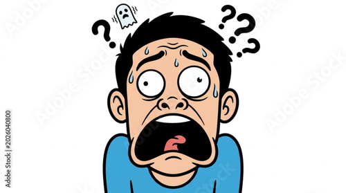 Obraz na płótnie Man with terrified expression and question marks above his head.
