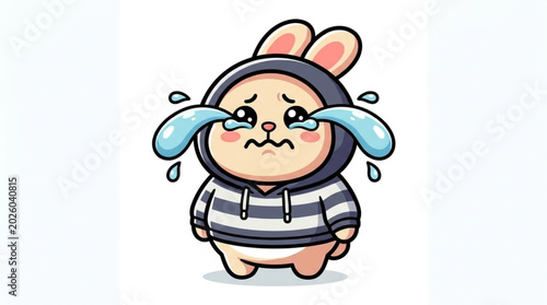 Obraz na plátně Sad cartoon bunny crying with big tears wearing a hoodie.