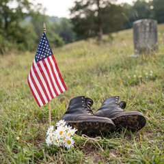 American flag with pigeons resting on grassy field near a concrete marker