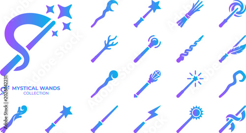 Photography Mystical wands collection set with magical rods fairy sticks and fantasy items featuring vibrant gradient design
