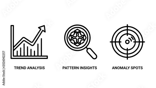 Trend analysis pattern insights anomaly spots icons with data analysis magnifying glass data visualization statistics bullseye business research discovery observation illustration background