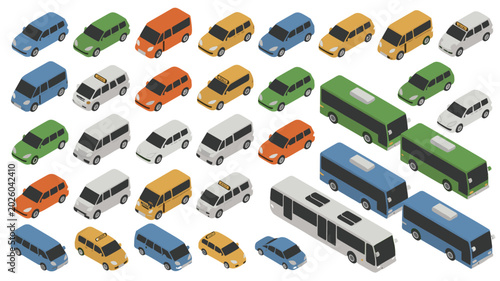 Collection of isometric vehicles including cars vans and buses in various colors