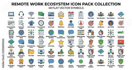 Tablou pe pânză Remote work ecosystem icon pack collection of 48 flat vector symbols