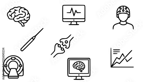 Neuroscience research tools: brain diagram, neuron cell, EEG headset, MRI scanner, synapse connection, lab computer analysis, electrode probe, brain scan monitor