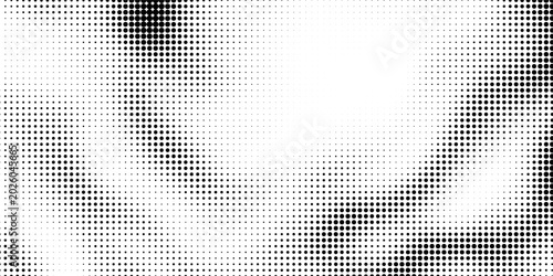Abstract gradient halftone wave dotted textured pattern. Black grunge speckle on white background overlay. Retro comic pop art backdrop with halftone dots design