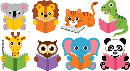 Photography Cute Cartoon Animals Reading Books Character Set Featuring Koala Lion Cat Dinosa