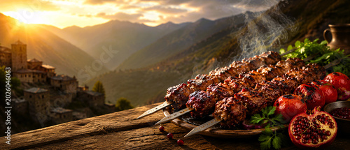 Grilled kebabs with tomatoes on wooden table in mountain landscape. Cinematic Azerbaijani Food Photography  