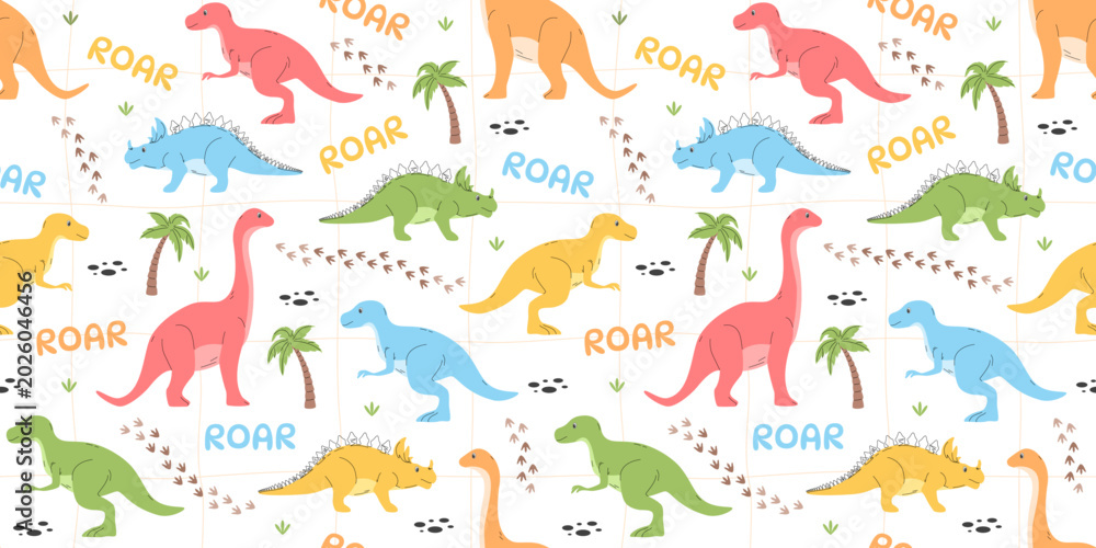 Fototapeta premium Seamless pattern with colorful dinosaurs, palm trees and roar text. Vector illustration