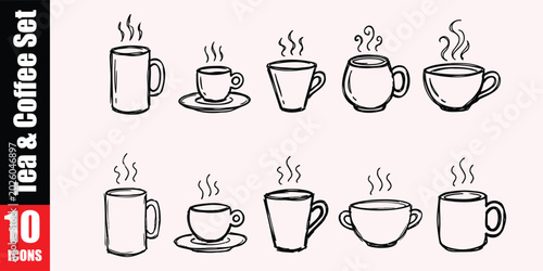 Set of ten tea and coffee cup icons with steam rising from hot drinks