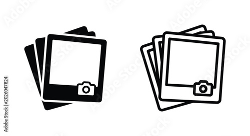 stack of instant photos with camera icon black silhouette
