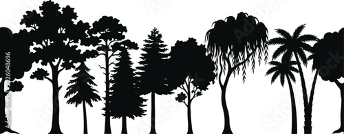 Photos Black silhouettes of various trees, including palm trees and evergreens, on a wh