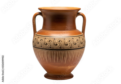Ancient greek terracotta amphora vase isolated on transparent background