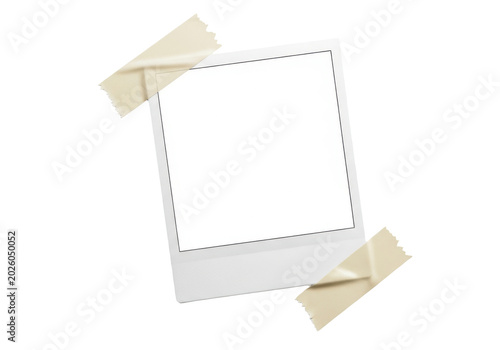 Blank instant photo frame held by adhesive tape isolated on transparent background