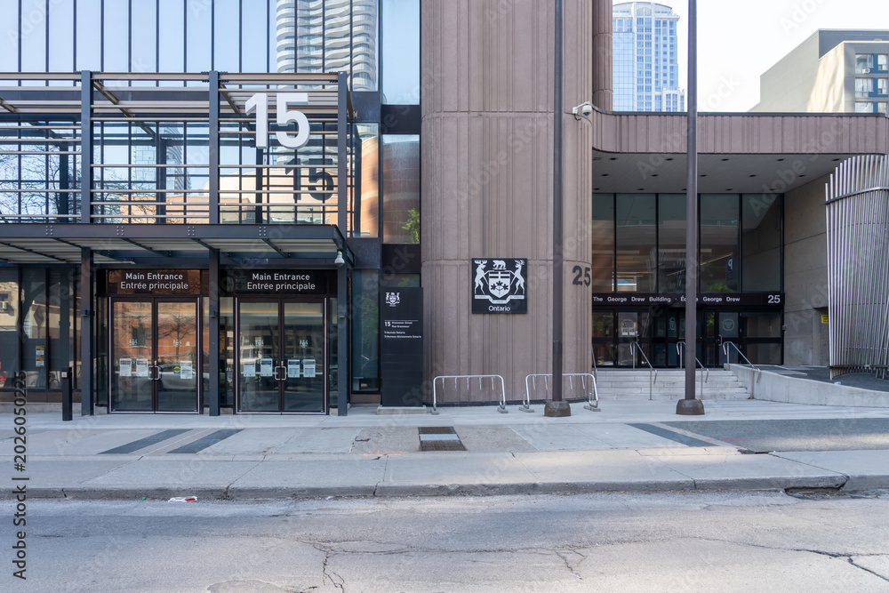 Fototapeta premium Toronto, Ontario, Canada - May 18, 2026: The entrance to the Landlord and Tenant Board ( LTB) on Grosvenor Street in Toronto, Canada. LTB is an independent, quasi judicial provincial tribunal that res