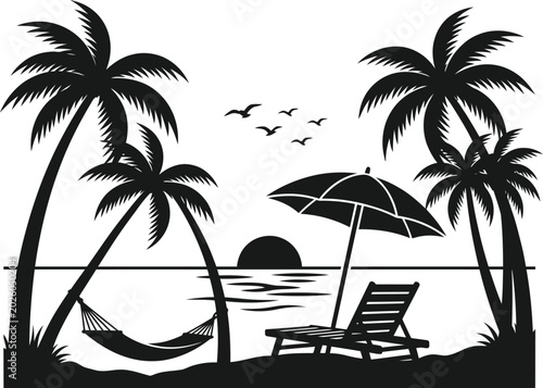 Tropical beach hammock and lounge chair sunset vector illustration