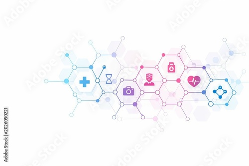 Modern hexagonal network icons showing healthcare and technology integration