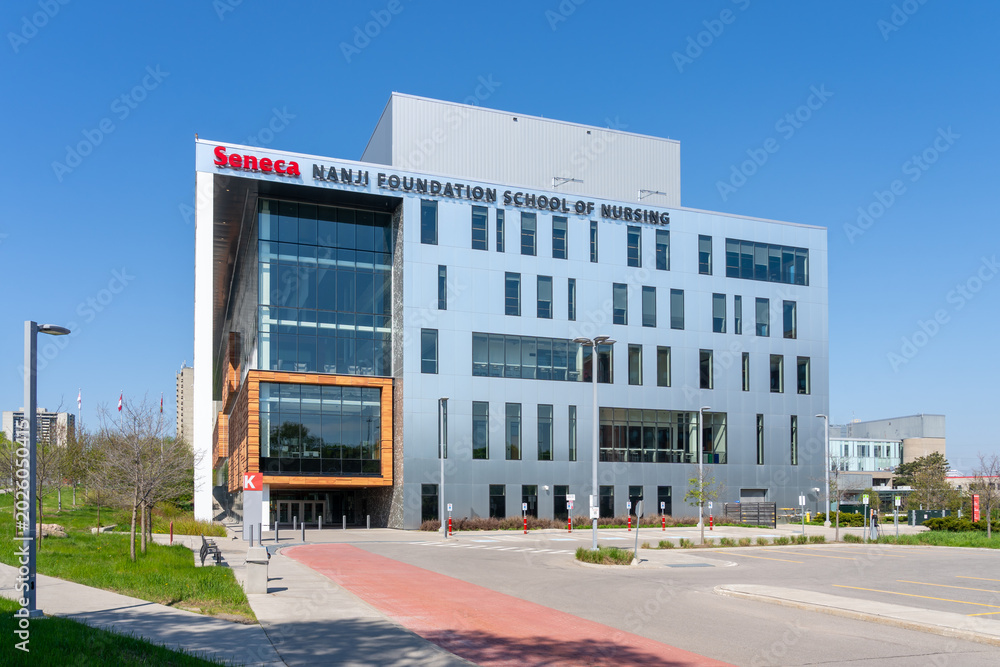 Fototapeta premium Toronto, Canada -May 18, 2026: Nanji Foundation School of Nursing building at Seneca Polytechnic Newnham Campus in Toronto, Canada, in 2026.
