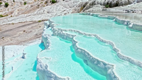 Aerial view of Travertines of Pamukkale, Turkey. Turquoise thermal pools surrounded by white limestone create a scenic natural landmark.