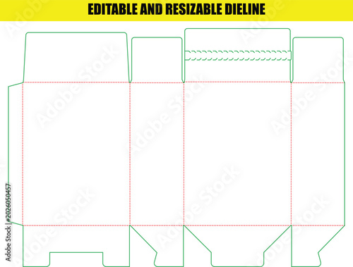 Packaging box dieline template with perforated tear strip and secure tuck flaps for retail products